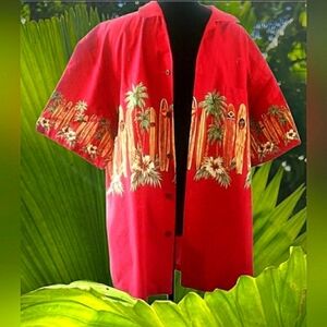 Hawaiian XL Island Red Surfboard Floral Aloho Short Sleeve Button Front Shirt